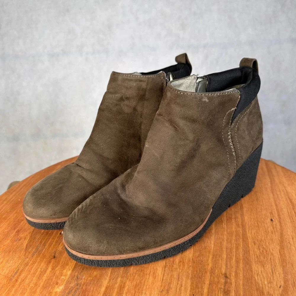 Dr. Scholls Berklie Wedge Ankle Boots Womens 9M Brown Good Suede Fabric Zip